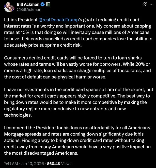 Bill Ackman Warns Trump's Credit Card Rate Cap Could Push Millions to Predatory Lenders