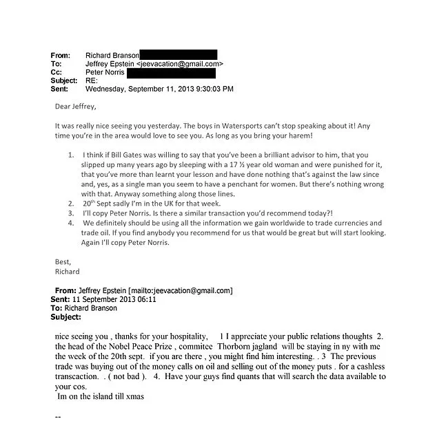 Previously Hidden Emails Between Branson and Epstein Revealed by DOJ Release Expose Years-Long Relationship