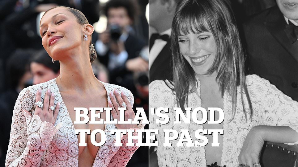 Bella Hadid's Schiaparelli gown echoes Jane Birkin's iconic 1969 Cannes look.